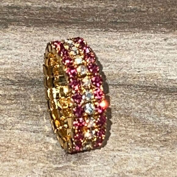 Pink Rhinestone In Gold Tone Stretch Band Ring - Picture 2 of 5